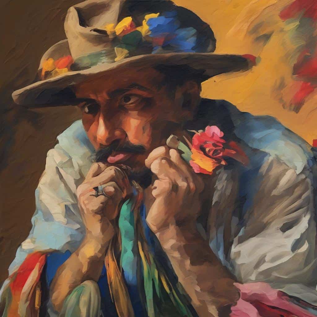 Πορτρέτο άνδρα με καπέλο, ζωγραφισμένο σε διαχρονικό στυλ τέχνης γλυπτικής, με έμφαση στη λεπτομέρεια και το χρώμα, αναδεικνύοντας την ιστορία της τέχνης και την καλλιτεχνική δημιουργία.