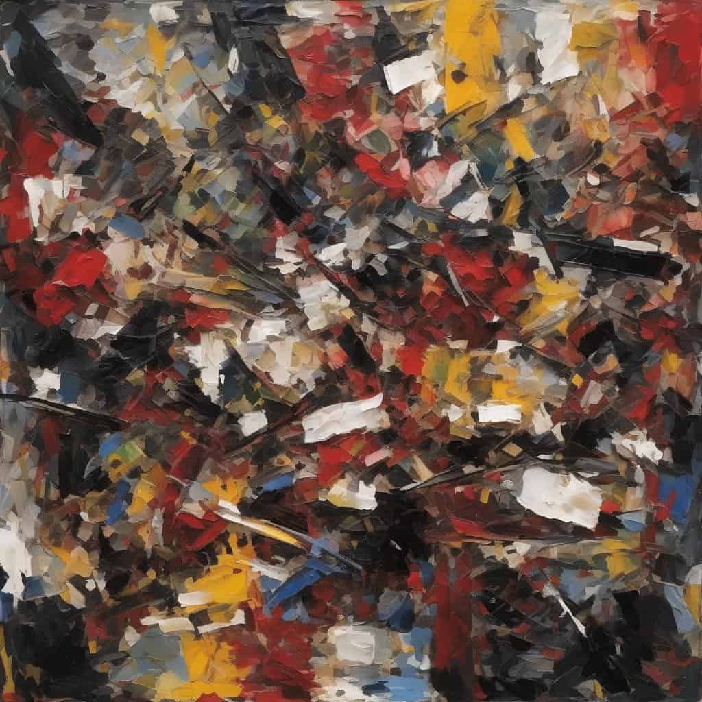 Ζωγραφικό έργο αφηρημένης τέχνης που απεικονίζει την ιστορία της γλυπτικής μέσω έντονων χρωμάτων και δυναμικών πινελιών.