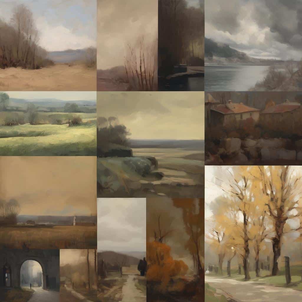 Ζωγραφικά τοπία στην ιστορία της τέχνης της γλυπτικής και των ελαιογραφιών, απεικονίζοντας φυσικά τοπία, άγρια τοπία και ρεαλιστικές σκηνές σε παραδοσιακά και σύγχρονα στιλ.