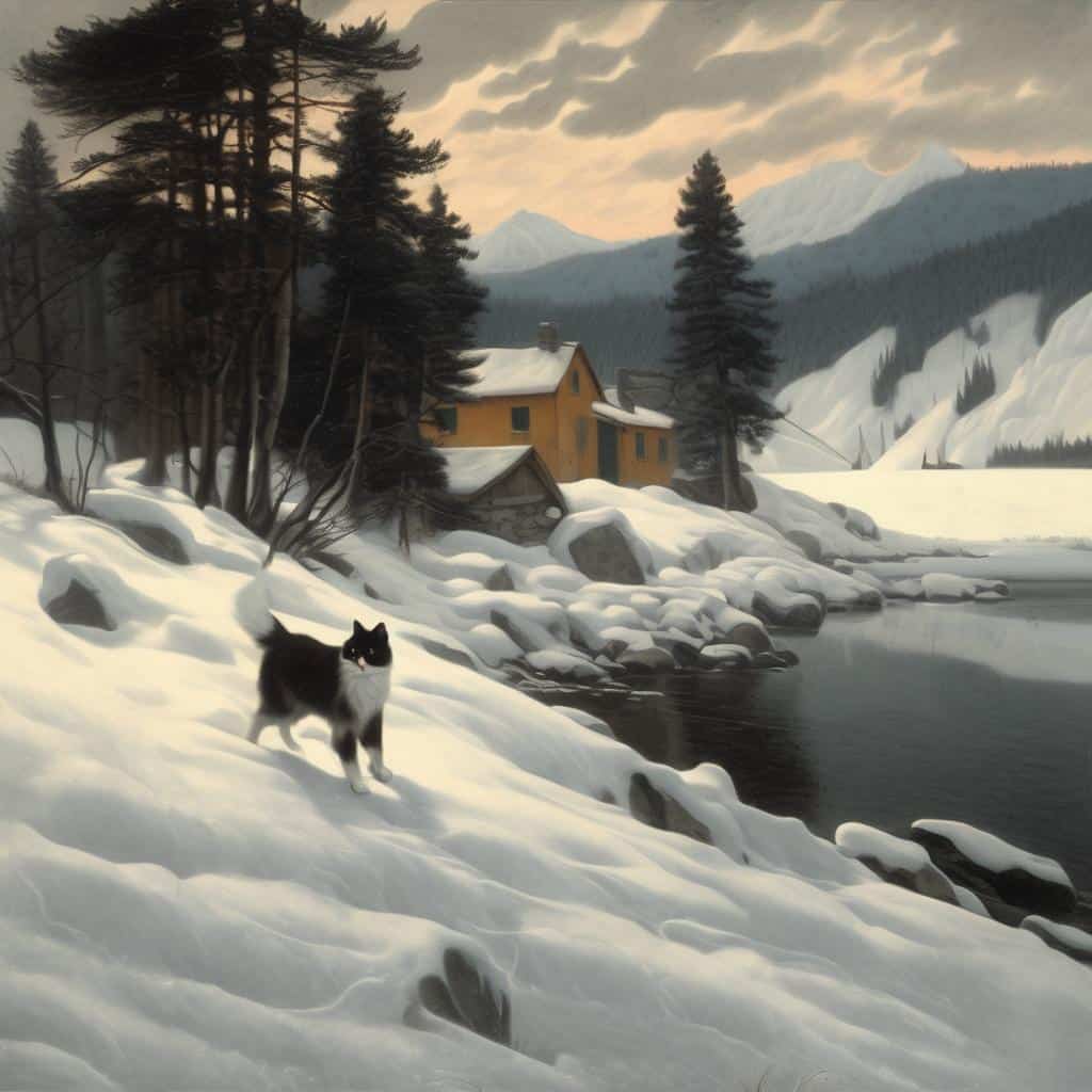 Παλαιά ξύλινα σπίτια στη χειμερινή τοπίο με χιονισμένα δέντρα και ποταμό, χαρακτηριστικό παράδειγμα της ιστορικής τέχνης γλυπτικής, με έμφαση στη φύση και την παραδοσιακή αρχιτεκτονική.